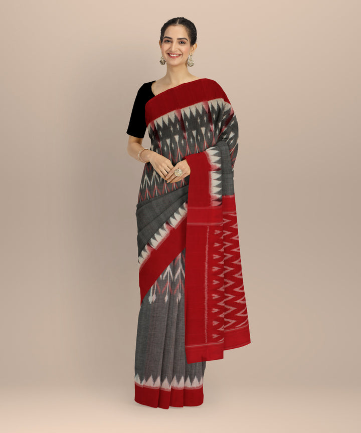 Grey red handloom pochampally ikat cotton saree