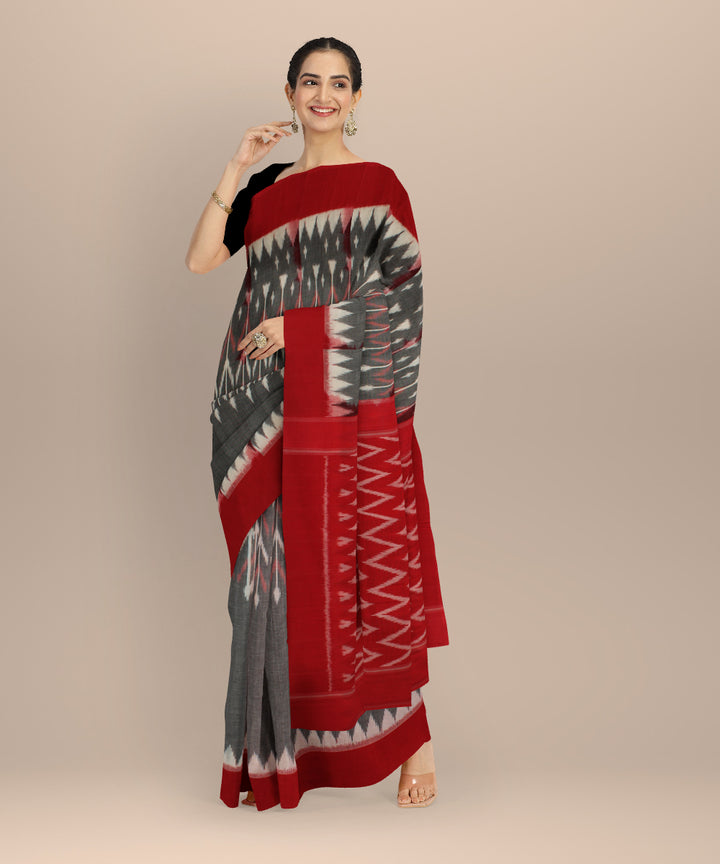 Grey red handloom pochampally ikat cotton saree