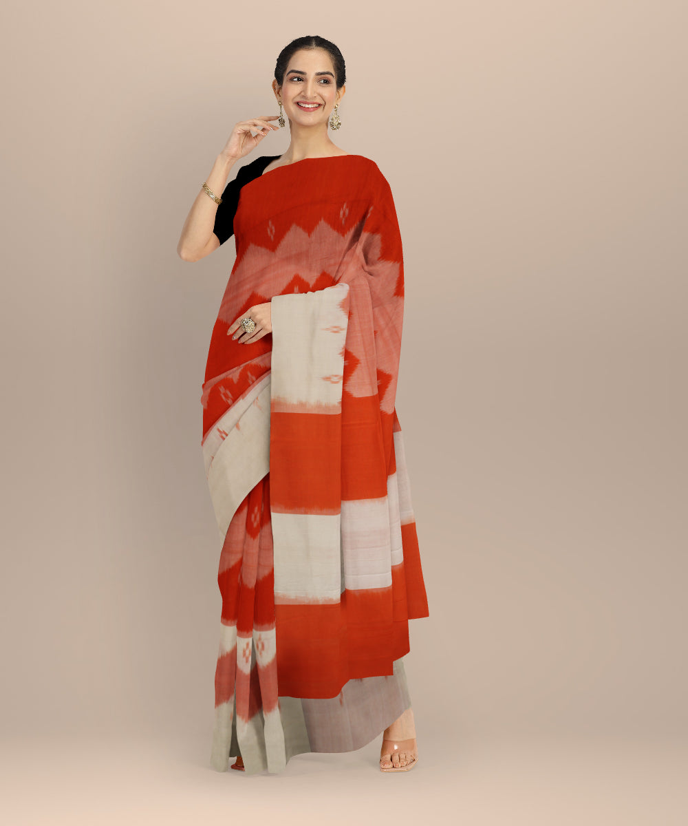 Orange white handloom pochampally ikat cotton saree