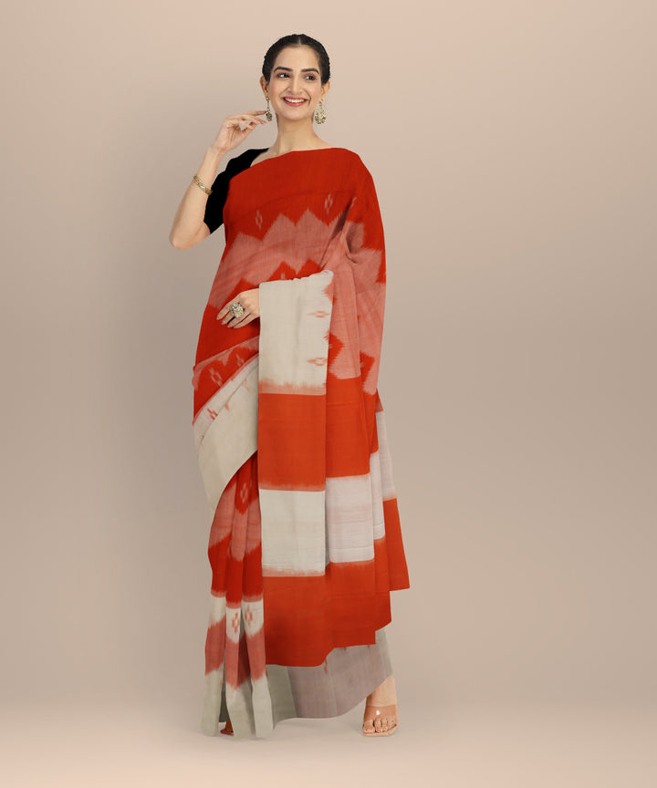 Orange white handloom pochampally ikat cotton saree