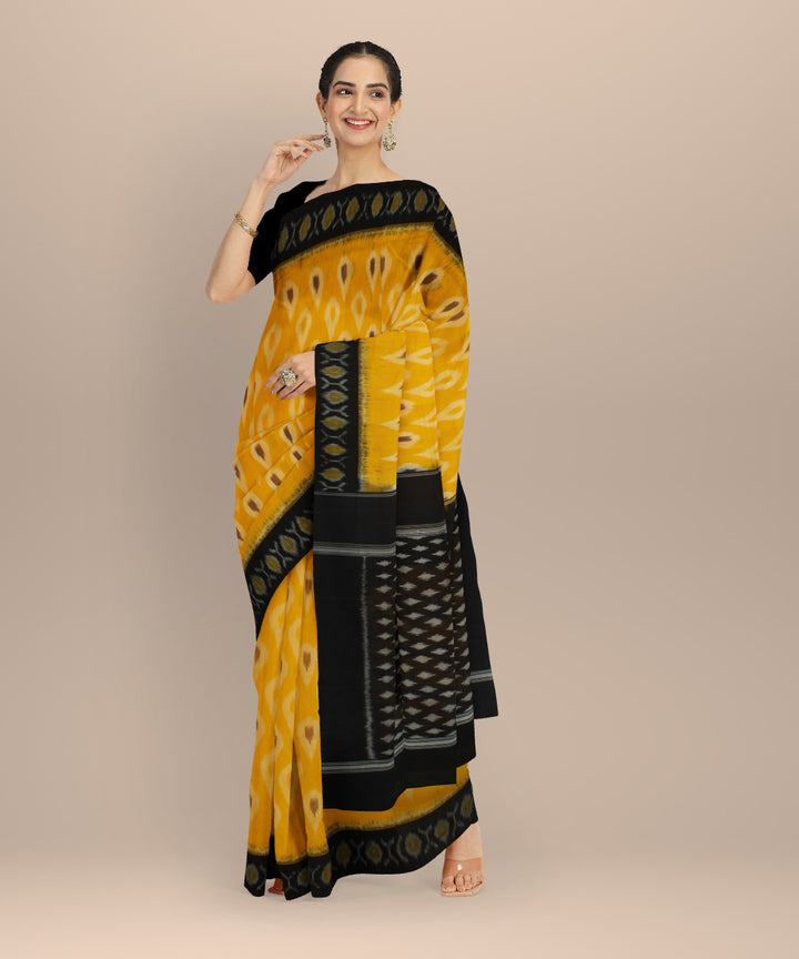 Yellow black handloom pochampally ikat cotton saree