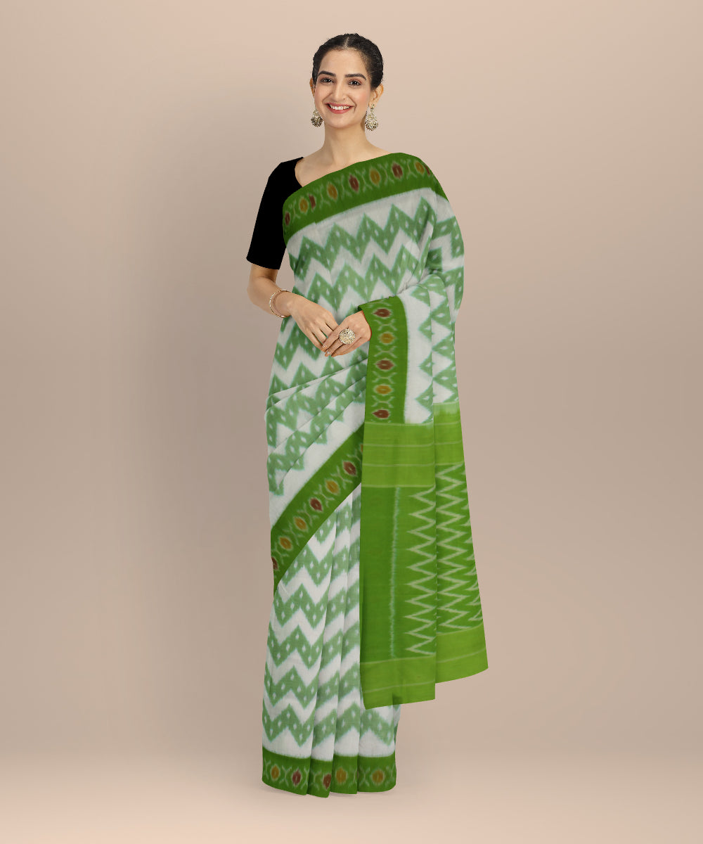 Lime green white handloom pochampally ikat cotton saree