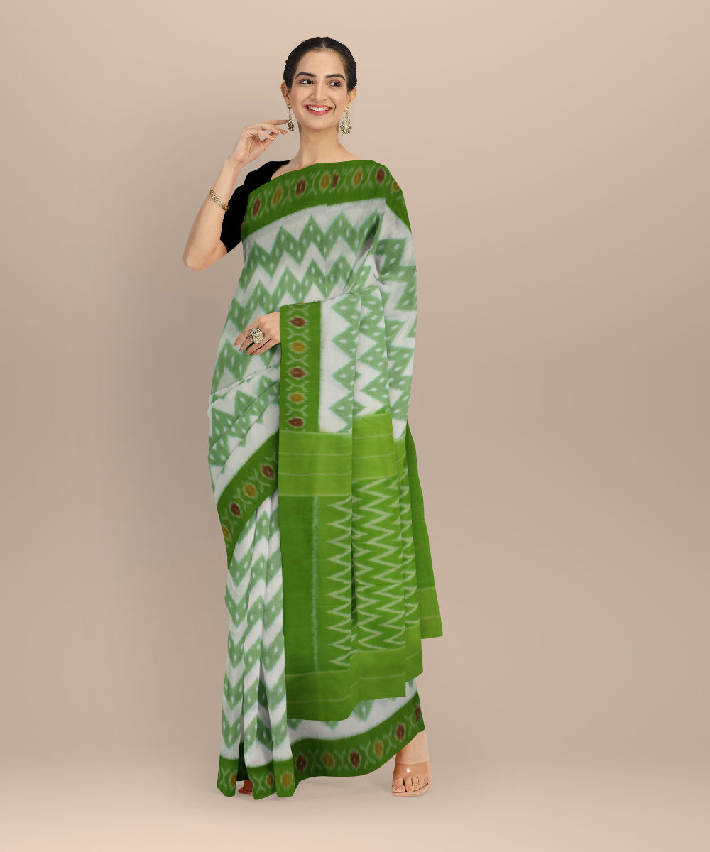 Lime green white handloom pochampally ikat cotton saree