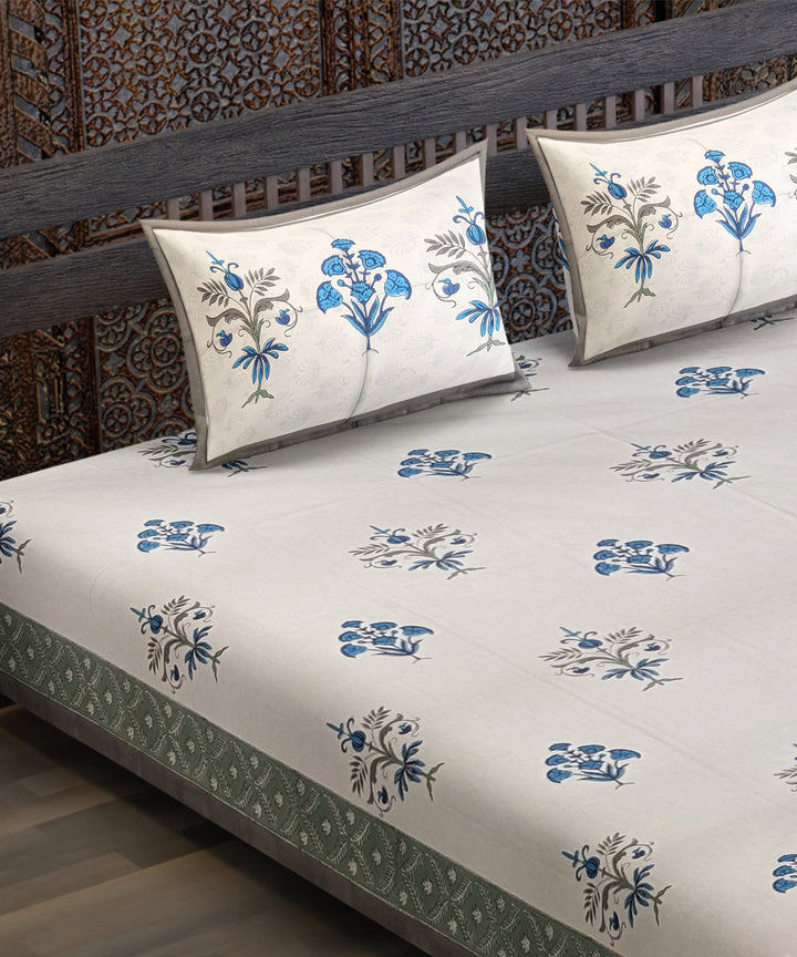 White blue yellow cotton flower motif hand block printed bedsheet