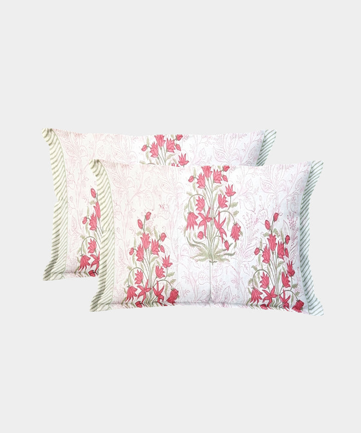 White pink flower motif hand block printed cotton bedsheet