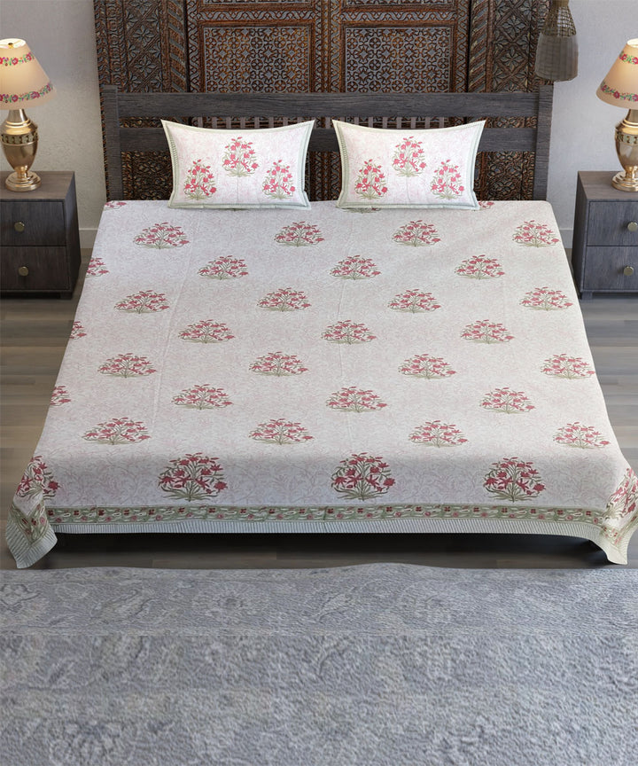 White pink flower motif hand block printed cotton bedsheet