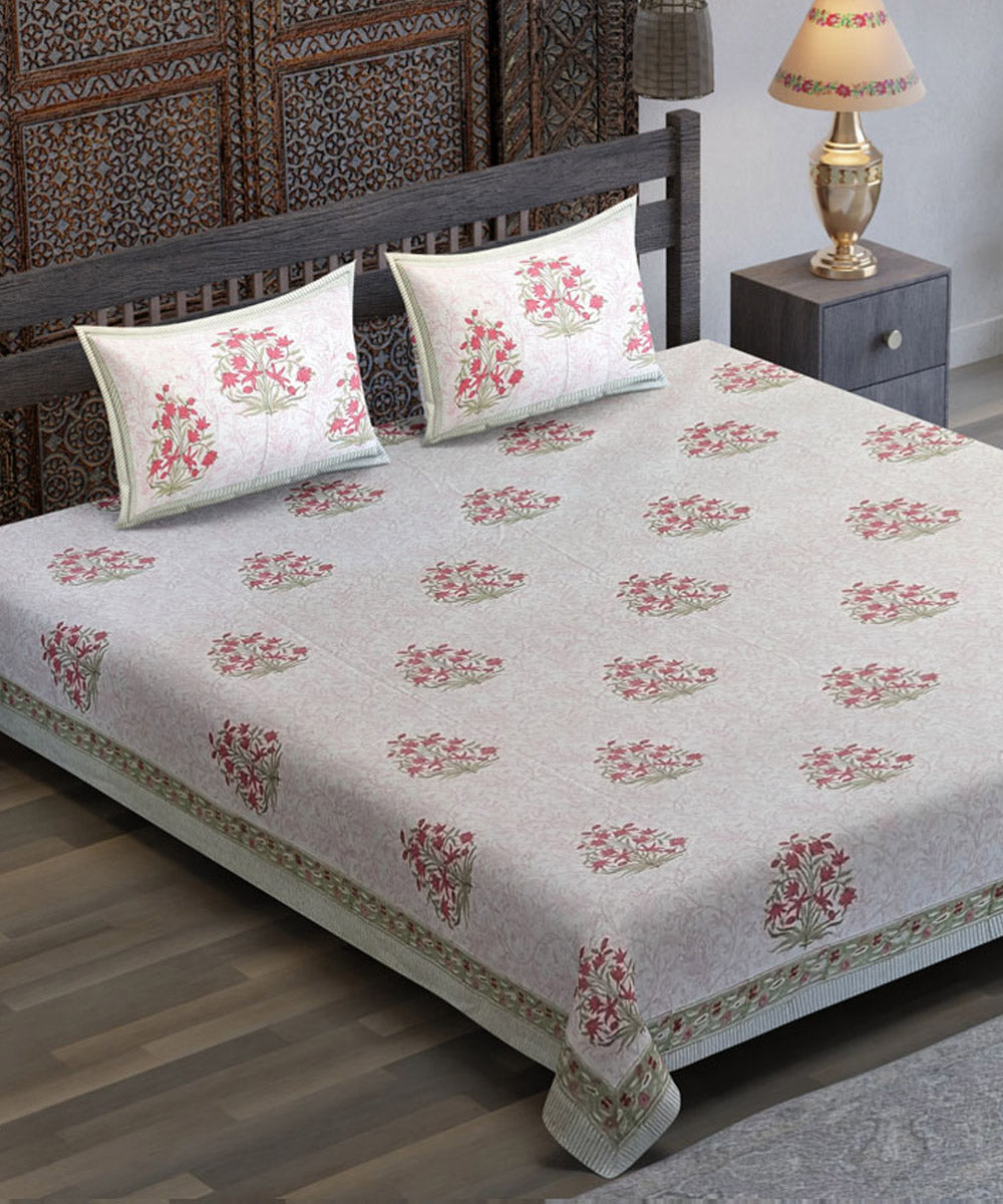 White pink flower motif hand block printed cotton bedsheet