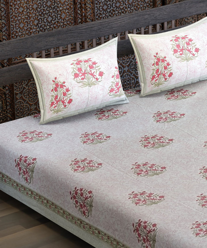 White pink flower motif hand block printed cotton bedsheet