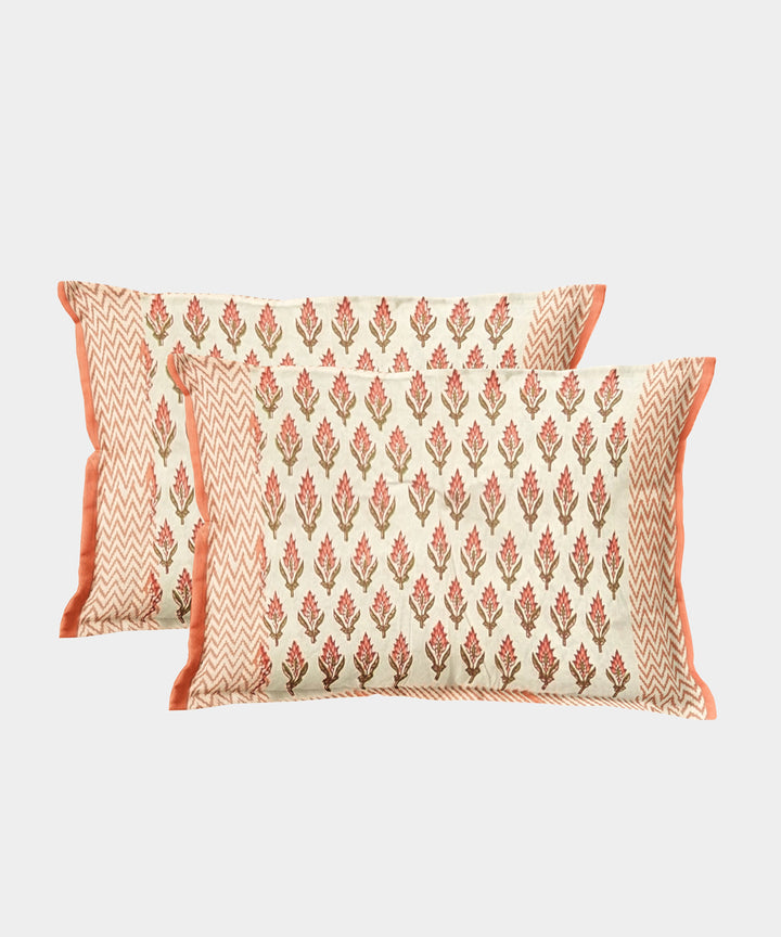 White orange flower motif hand block printed cotton bedsheet