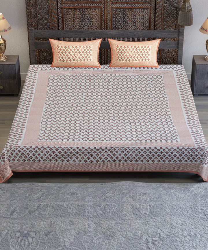 White orange flower motif hand block printed cotton bedsheet