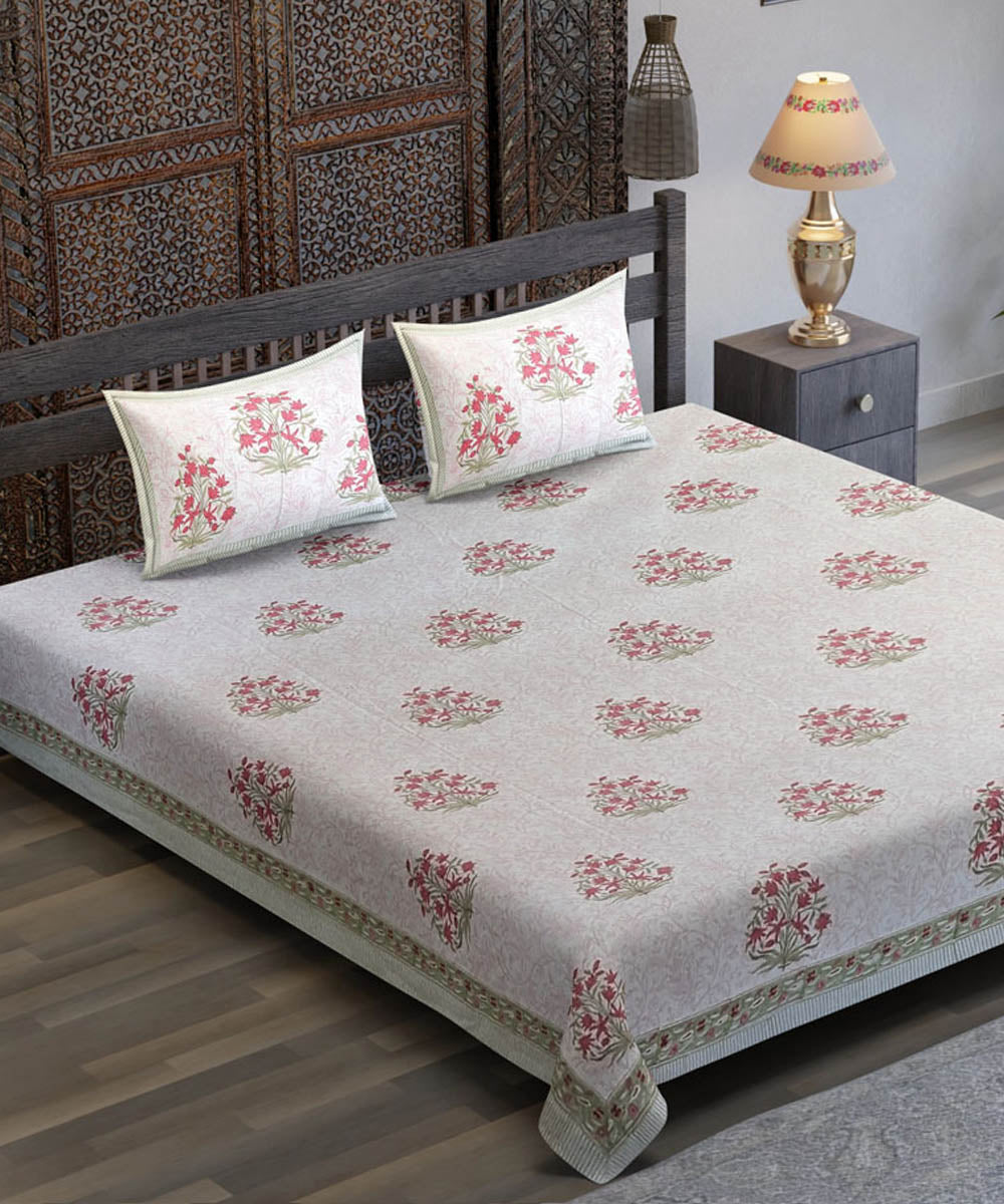 White orange flower motif hand block printed cotton bedsheet