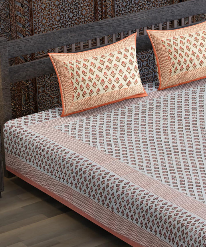 White orange flower motif hand block printed cotton bedsheet