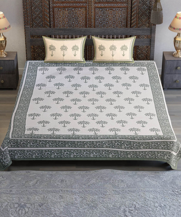 White yellow blue flower motif hand block printed cotton bedsheet