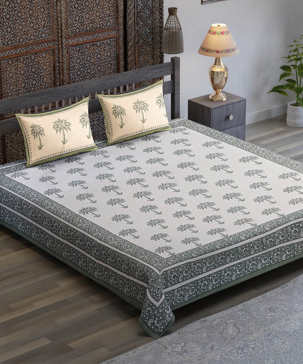 White yellow blue flower motif hand block printed cotton bedsheet