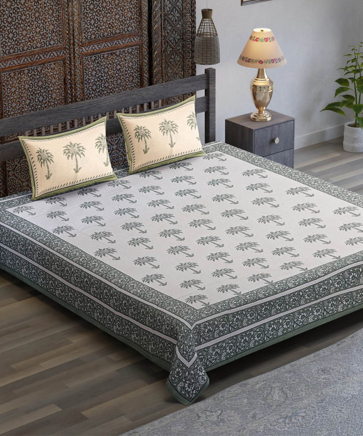 White yellow blue flower motif hand block printed cotton bedsheet
