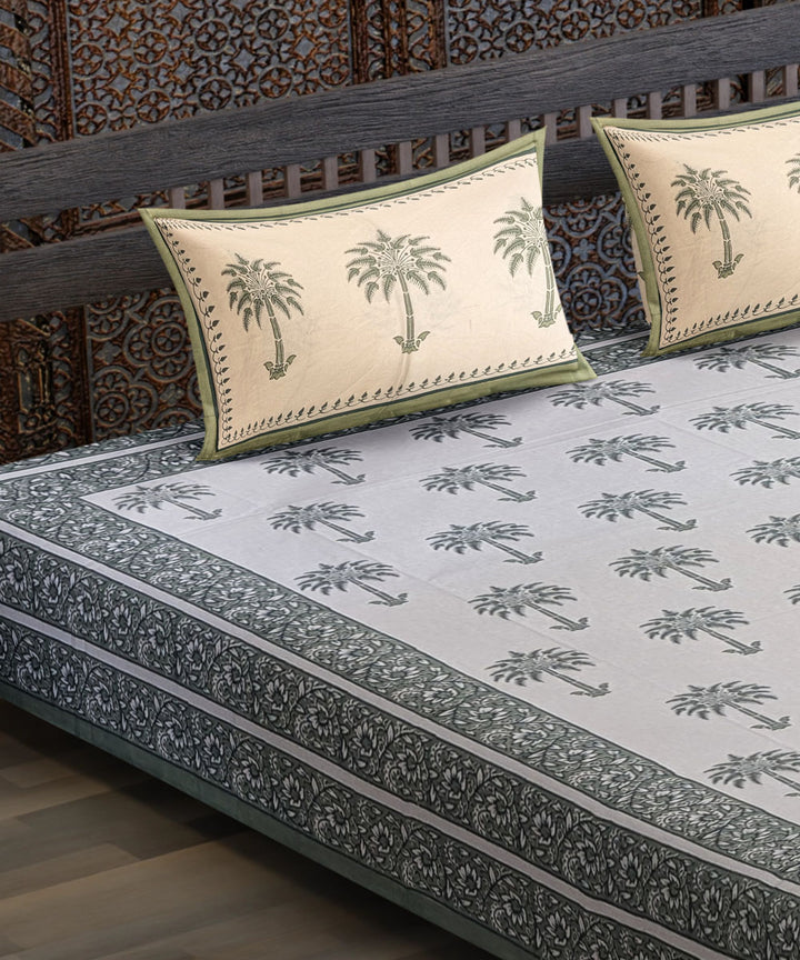 White yellow blue flower motif hand block printed cotton bedsheet