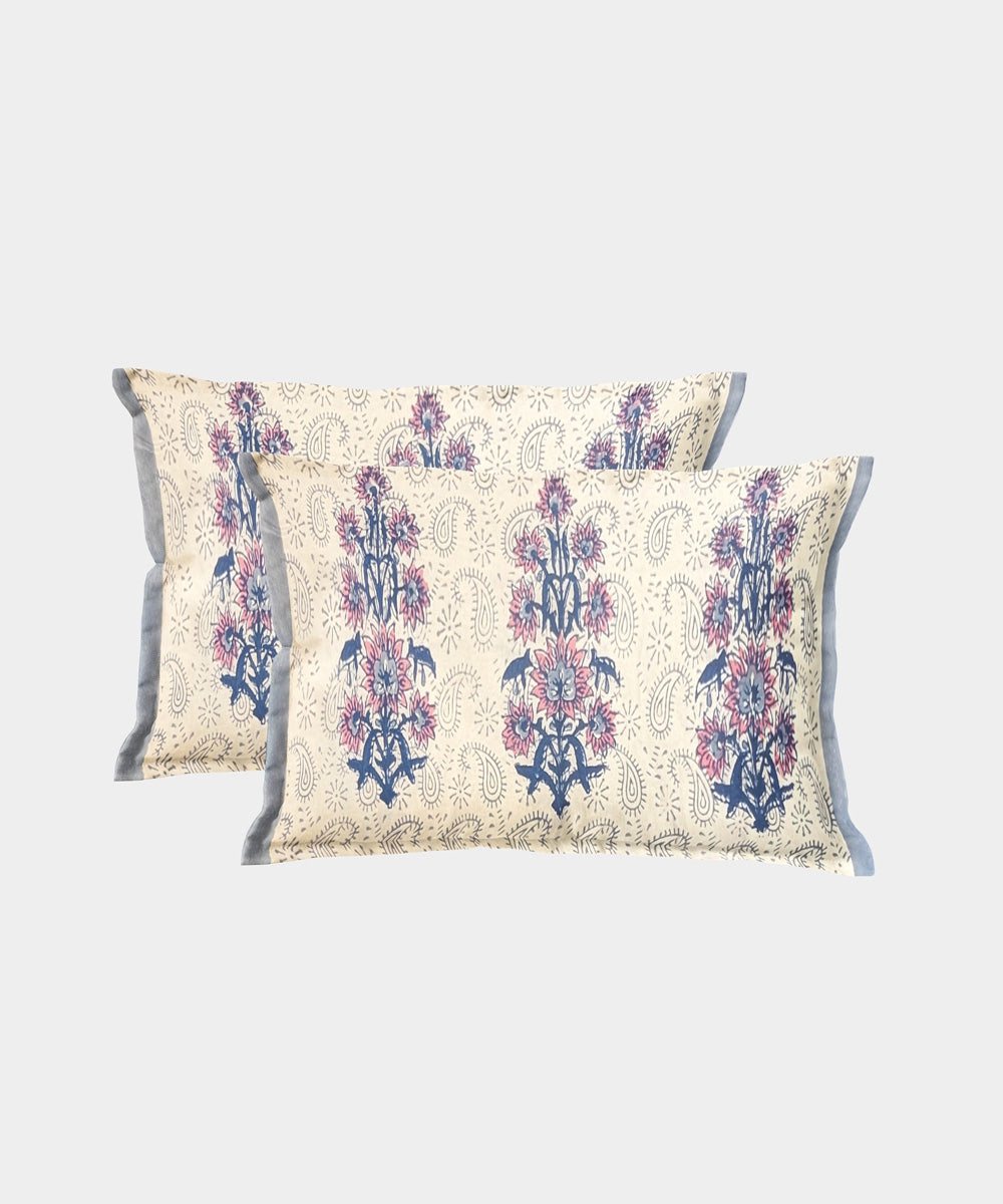 White blue yellow flower motif hand block printed cotton bedsheet