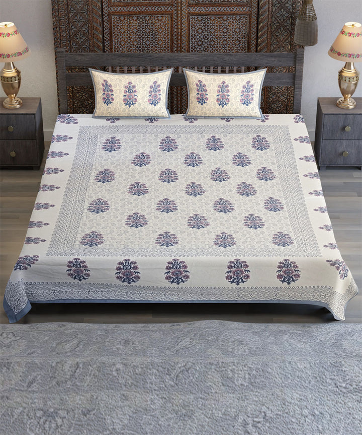 White blue yellow flower motif hand block printed cotton bedsheet