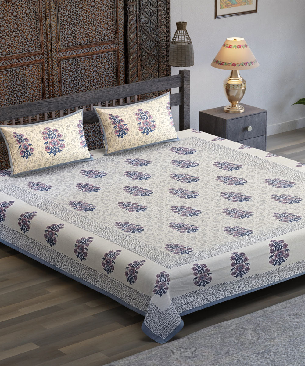 White blue yellow flower motif hand block printed cotton bedsheet