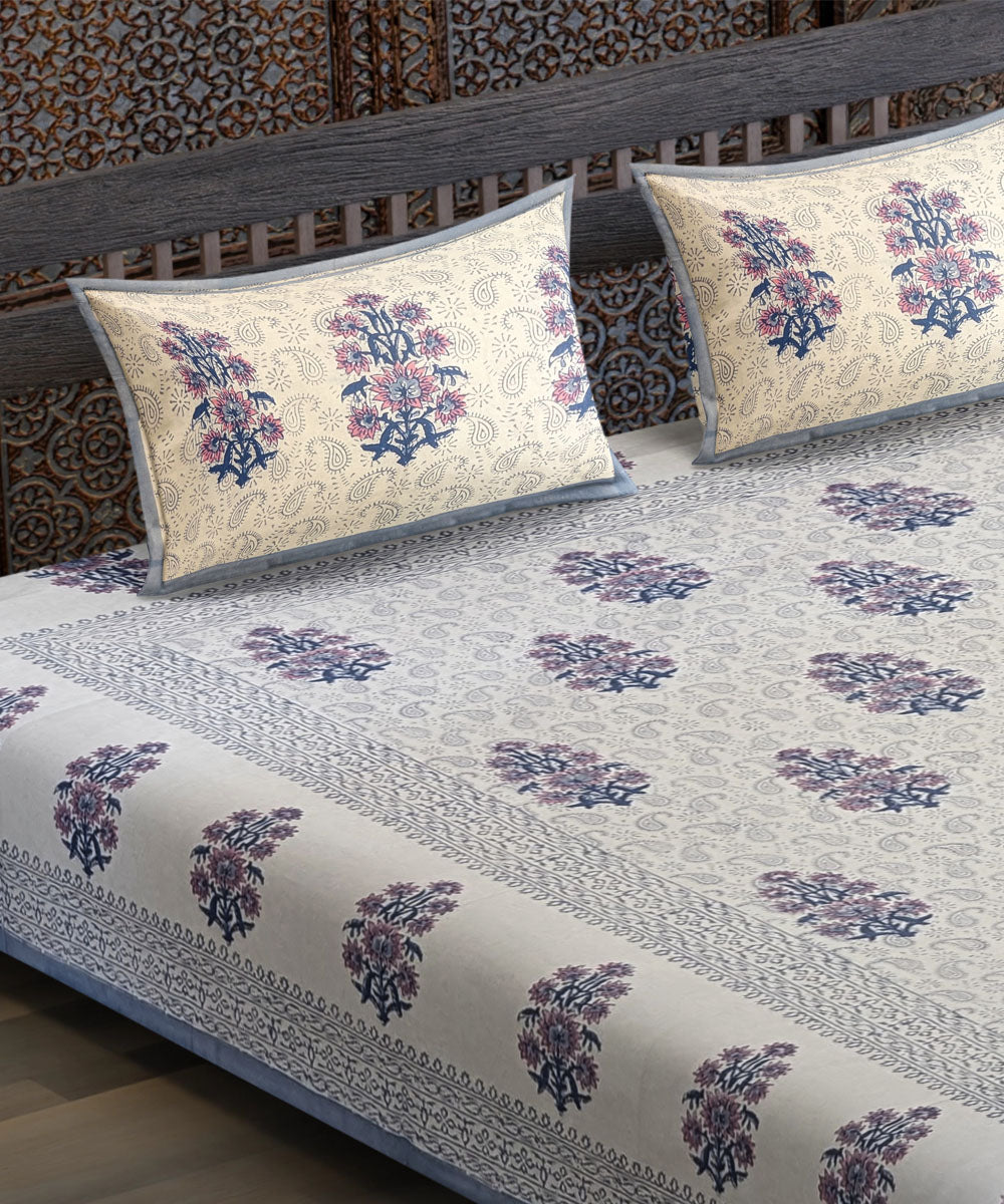 White blue yellow flower motif hand block printed cotton bedsheet