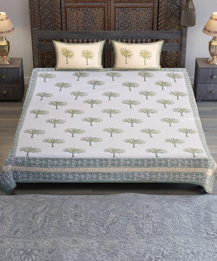 White green yellow tree motif hand block printed cotton bedsheet