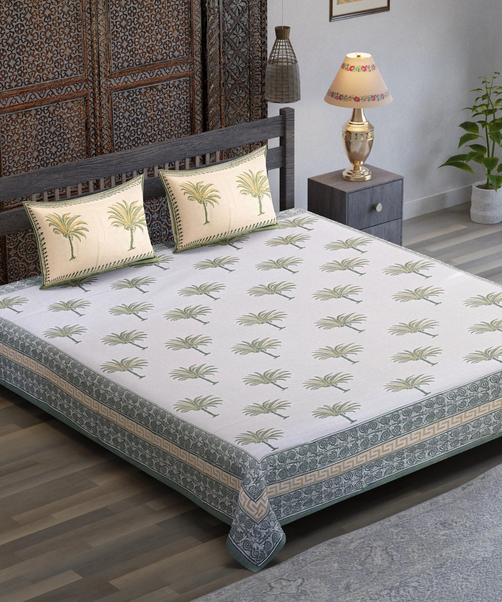 White green yellow tree motif hand block printed cotton bedsheet