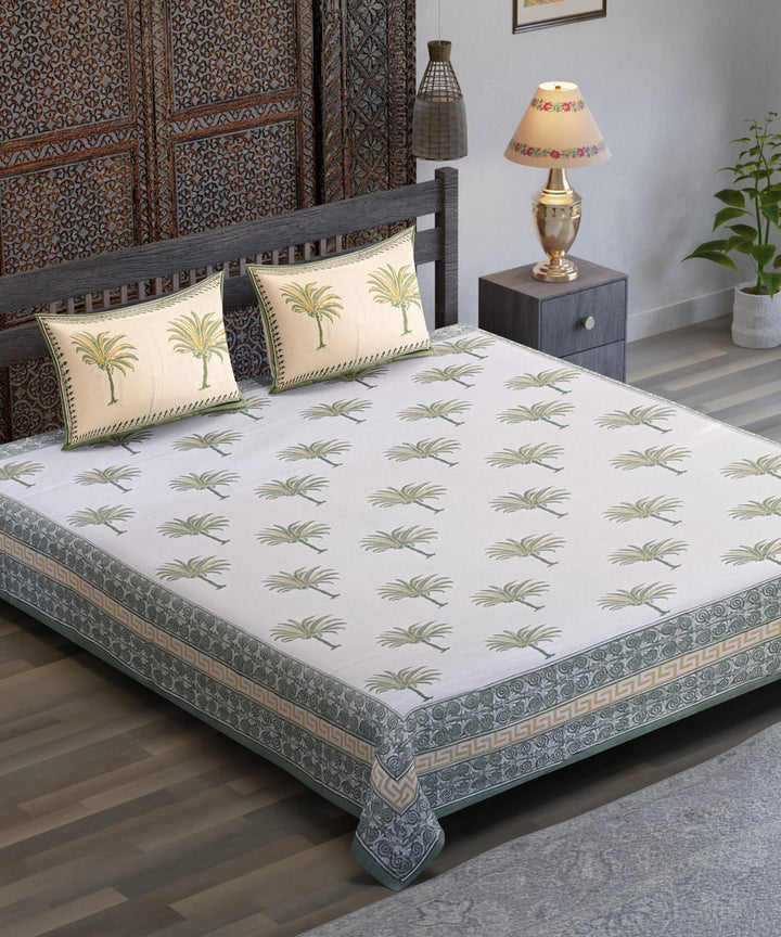 White green yellow tree motif hand block printed cotton bedsheet