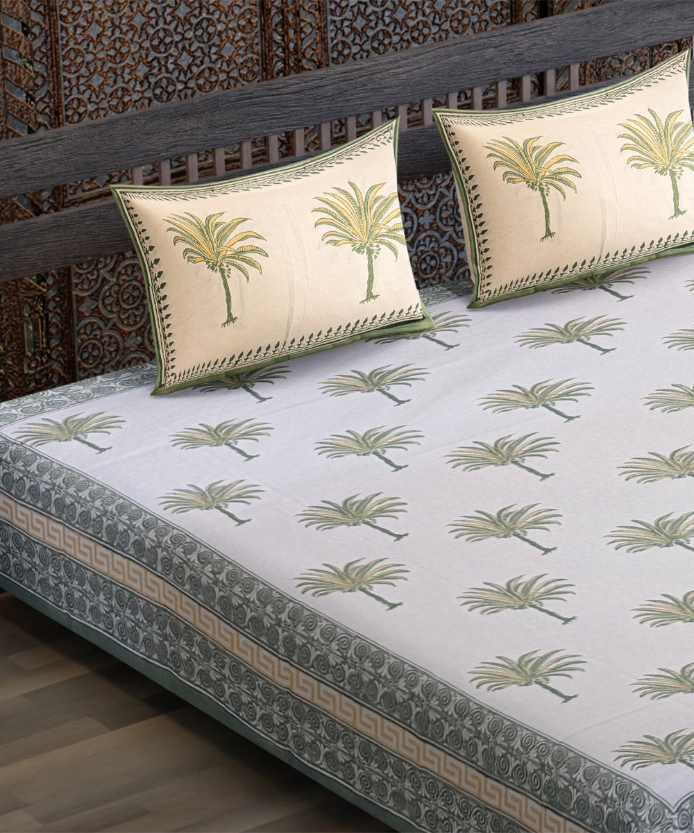 White green yellow tree motif hand block printed cotton bedsheet