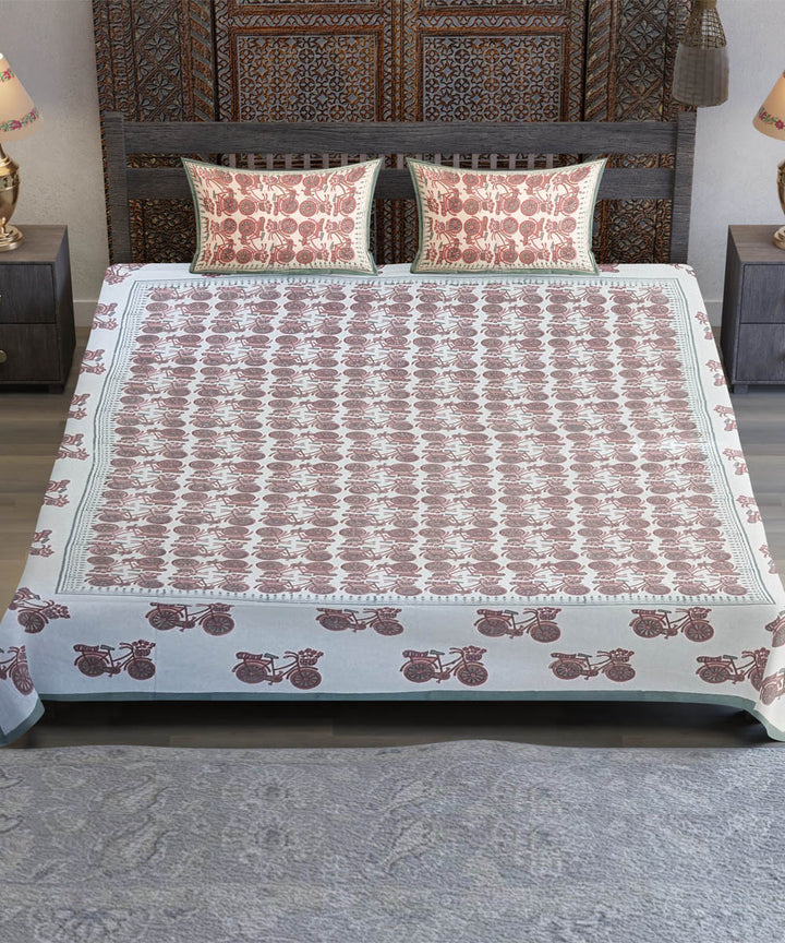 White red hand block printed yellow flower motif cotton bedsheet