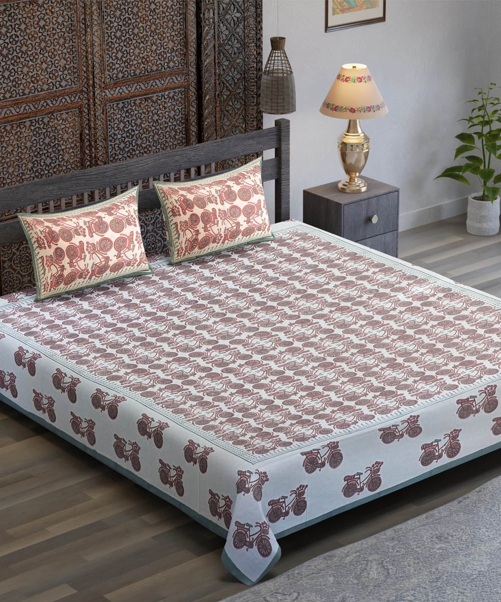 White red hand block printed yellow flower motif cotton bedsheet