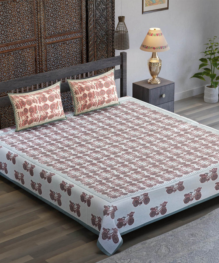 White red hand block printed yellow flower motif cotton bedsheet
