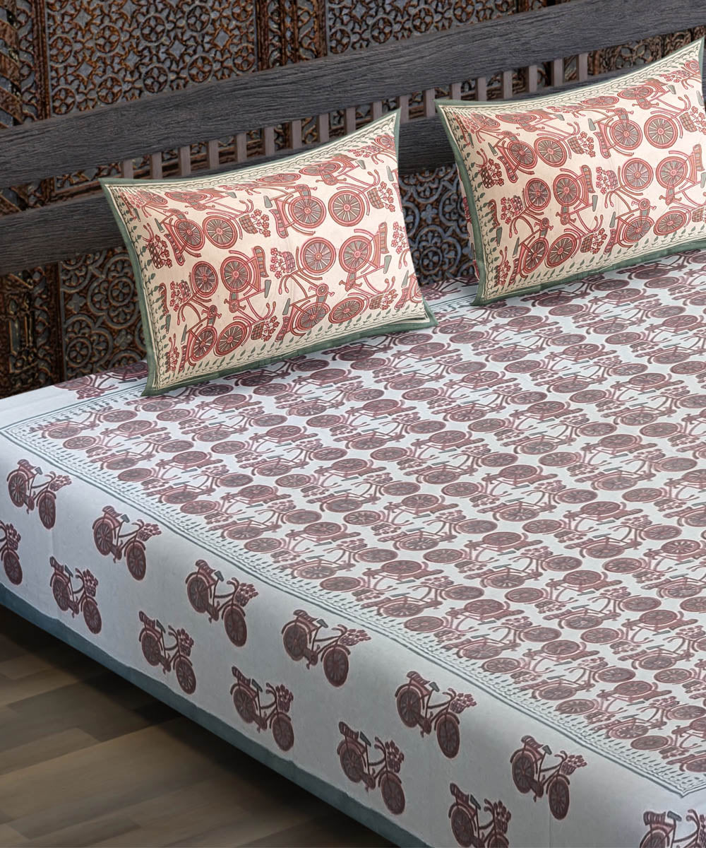 White red hand block printed yellow flower motif cotton bedsheet