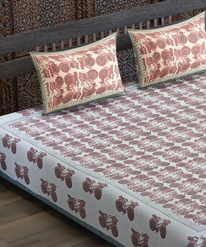 White red hand block printed yellow flower motif cotton bedsheet