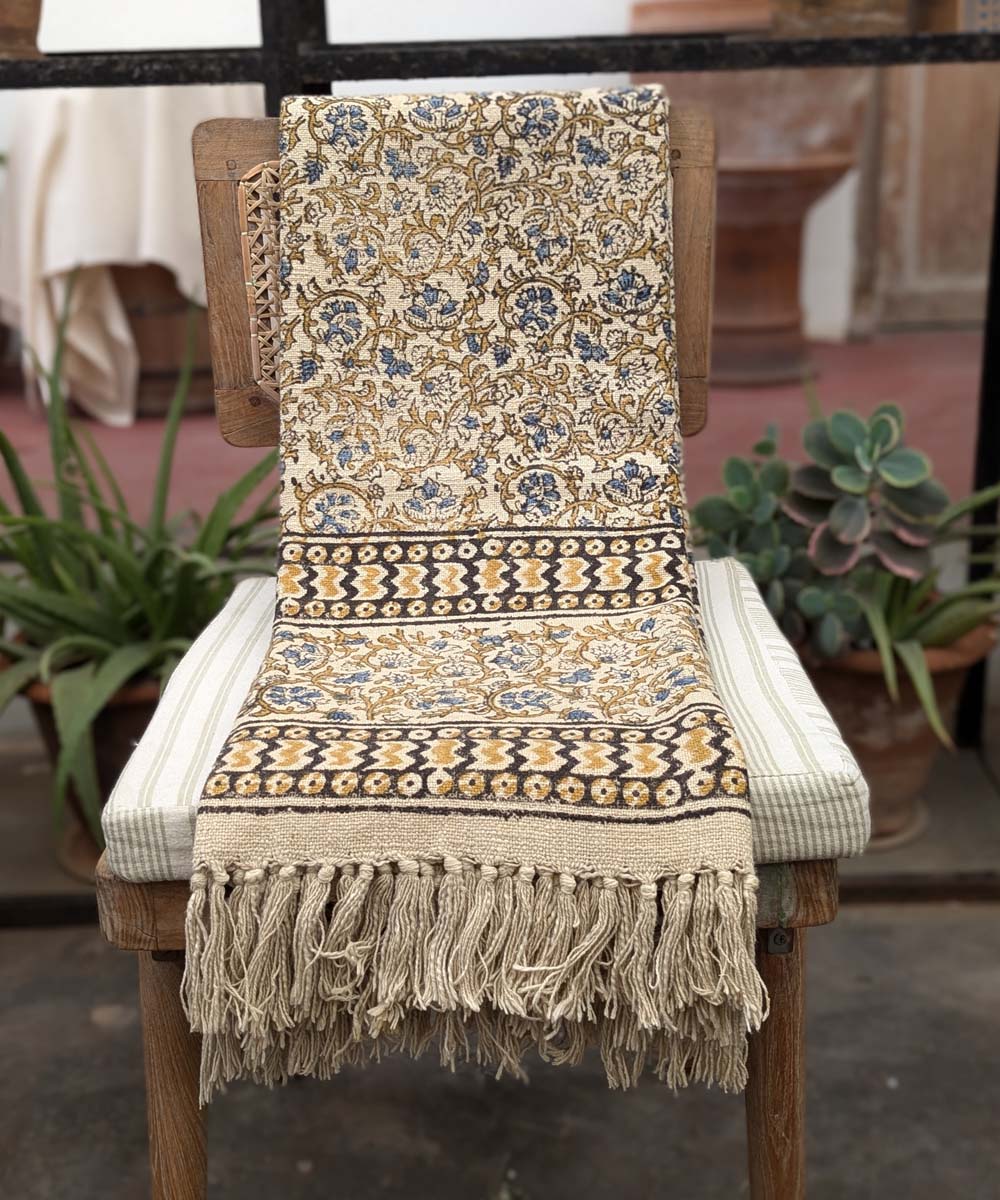Beige yellow hand block printed slub cotton throw