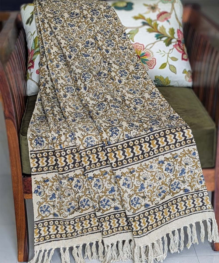 Beige yellow hand block printed slub cotton throw