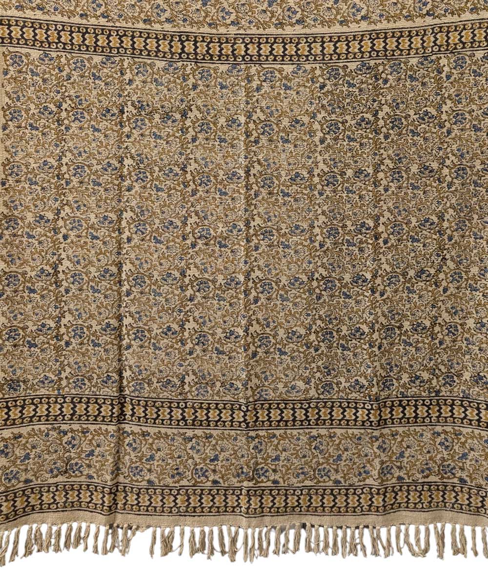 Beige yellow hand block printed slub cotton throw