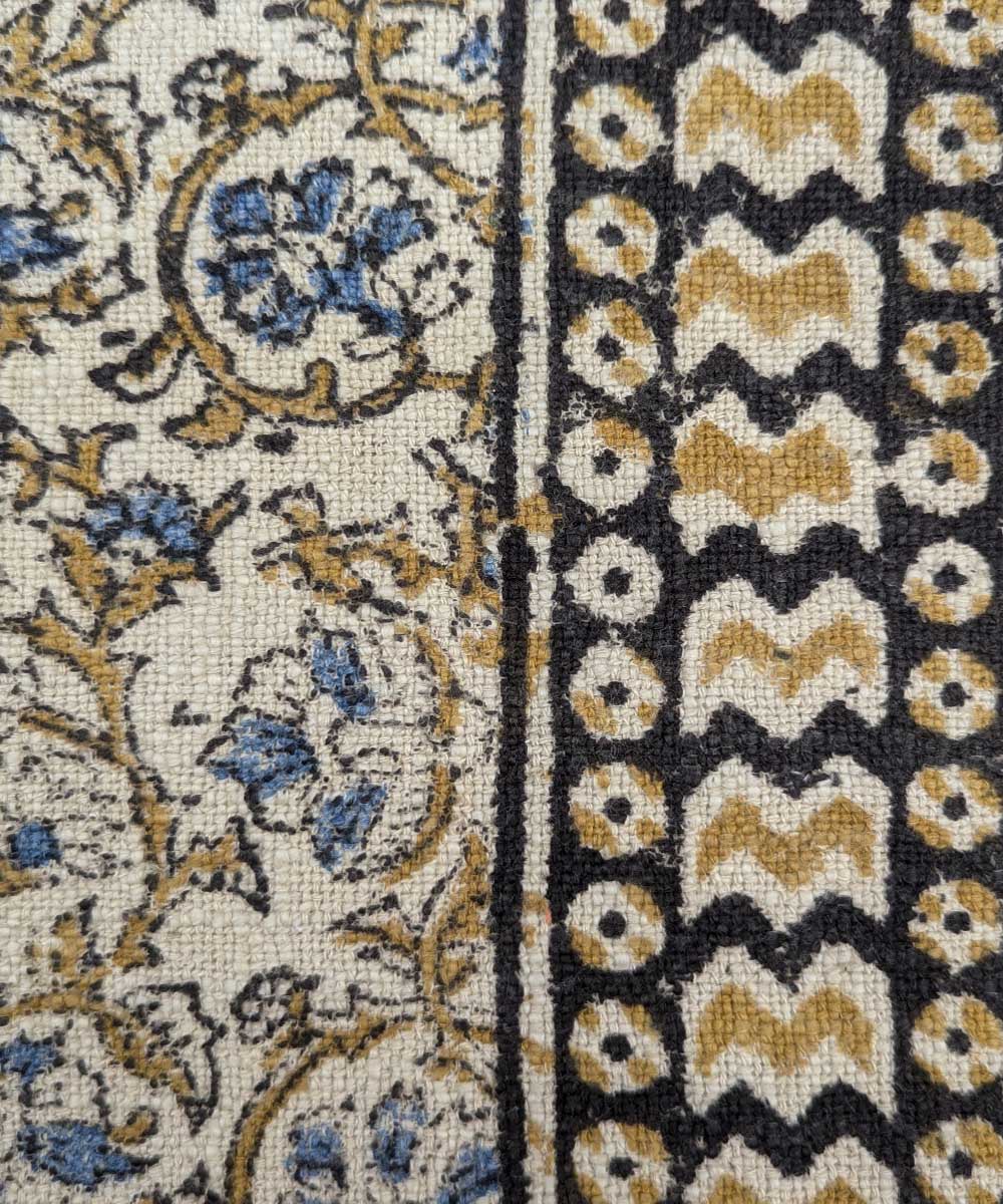 Beige yellow hand block printed slub cotton throw