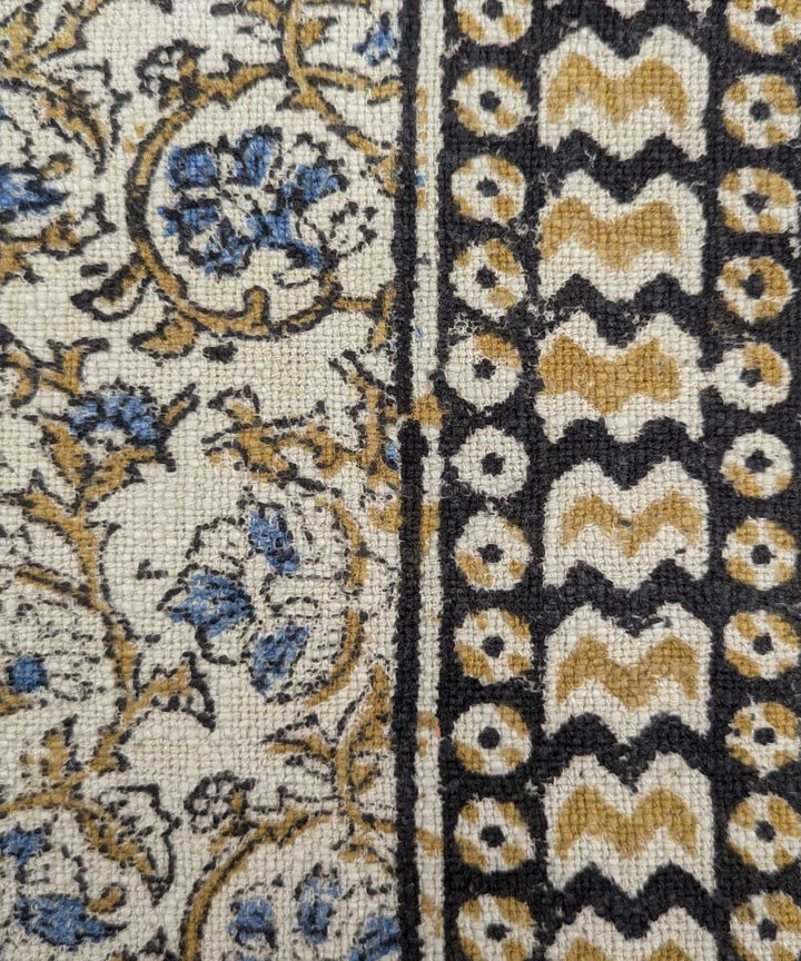 Beige yellow hand block printed slub cotton throw