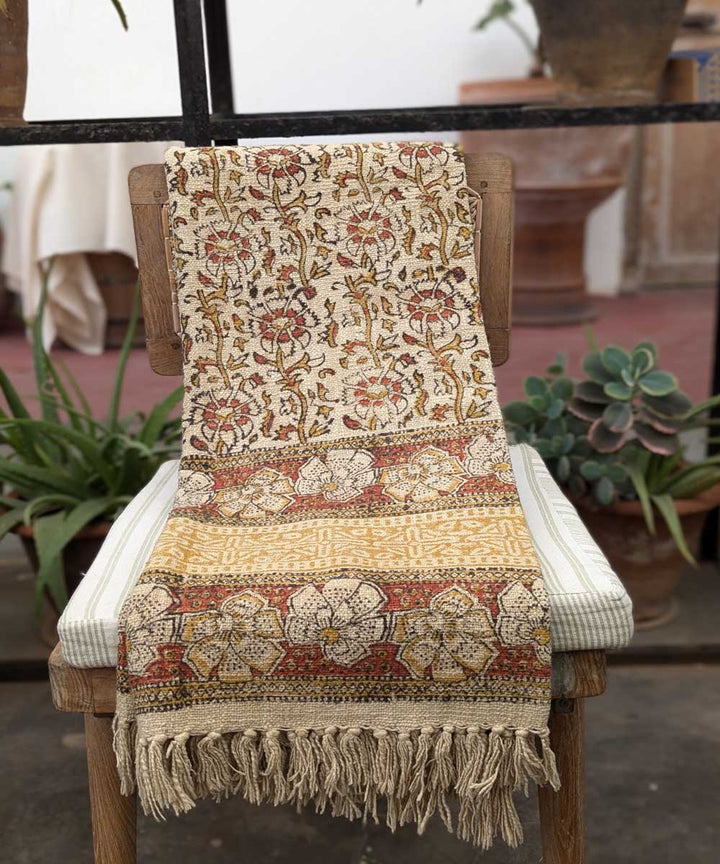 Beige brown hand block printed slub cotton throw