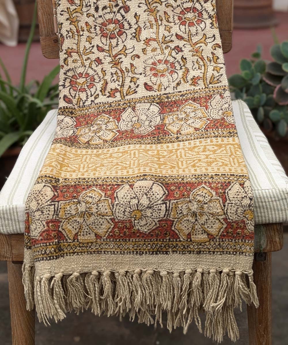 Beige brown hand block printed slub cotton throw