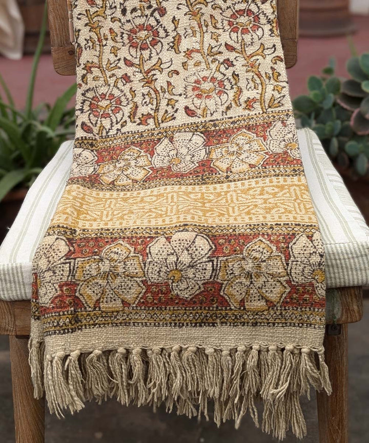 Beige brown hand block printed slub cotton throw