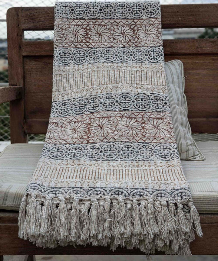 Beige brown hand block printed slub cotton throw