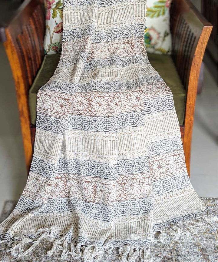 Beige brown hand block printed slub cotton throw