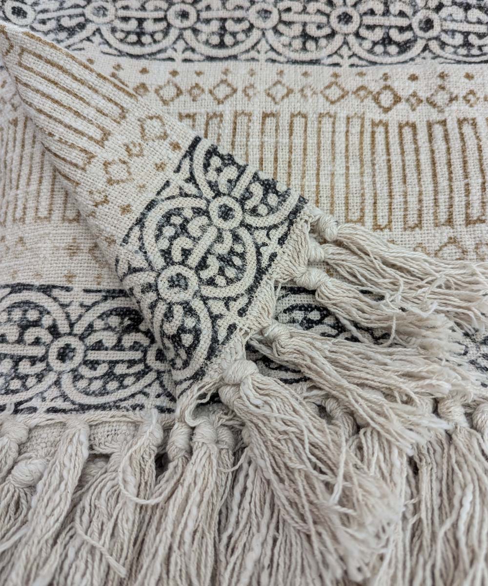 Beige brown hand block printed slub cotton throw