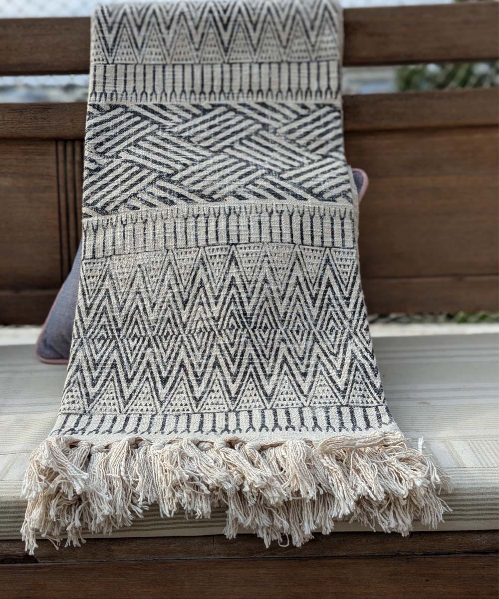Beige black slub cotton hand block printed throw