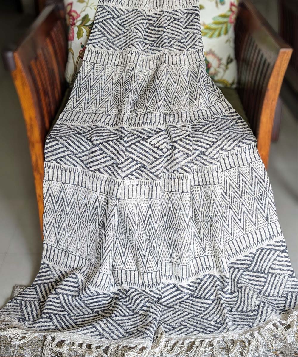 Beige black slub cotton hand block printed throw