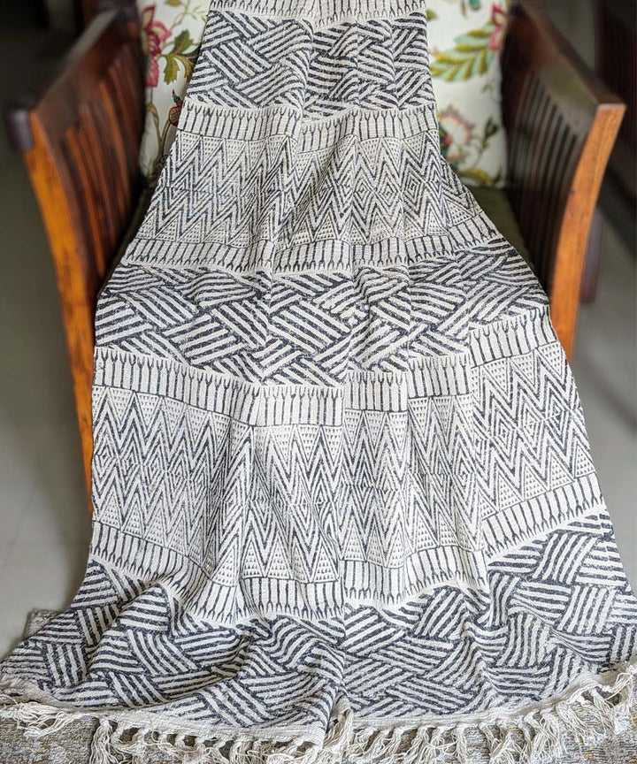 Beige black slub cotton hand block printed throw