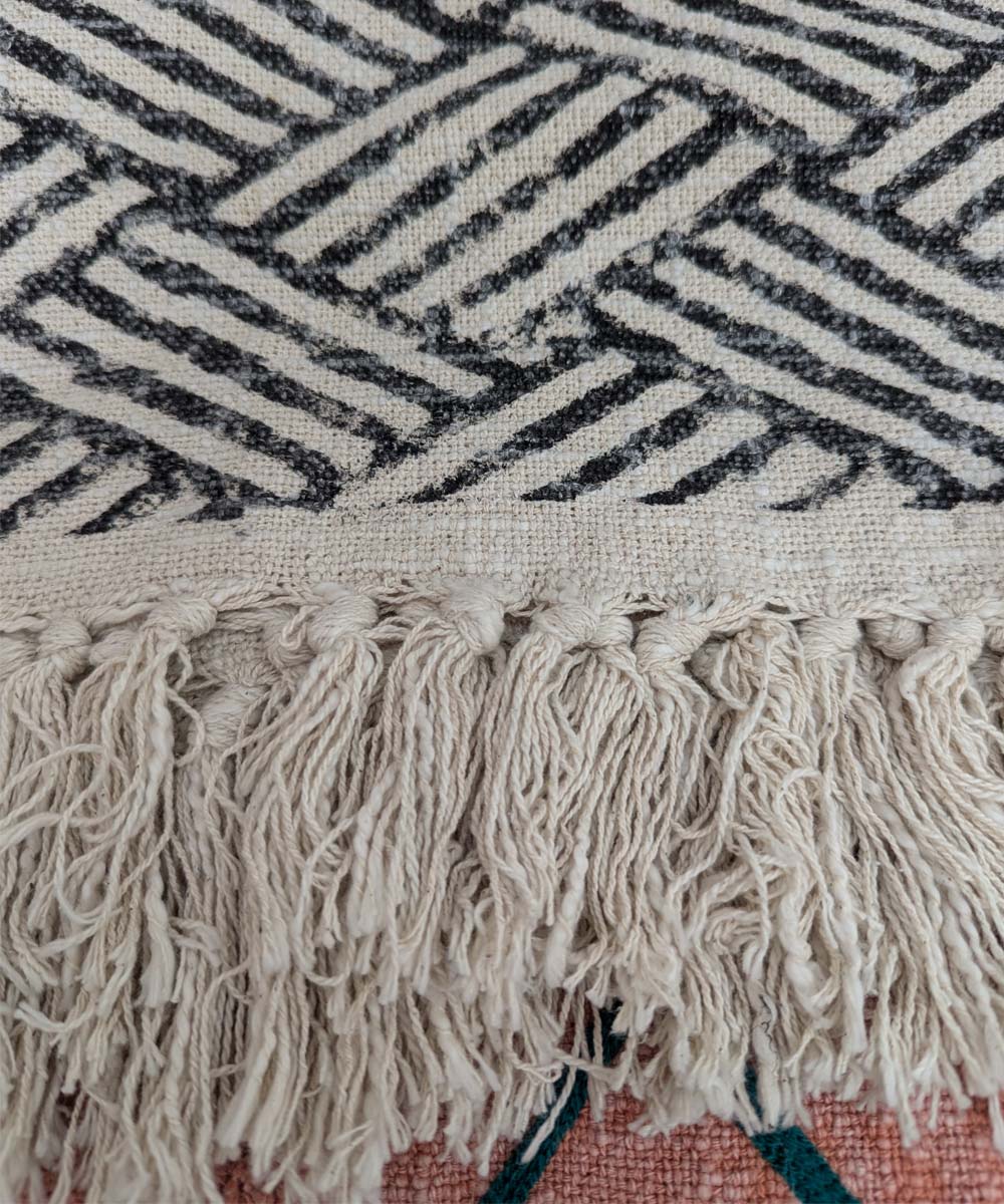 Beige black slub cotton hand block printed throw