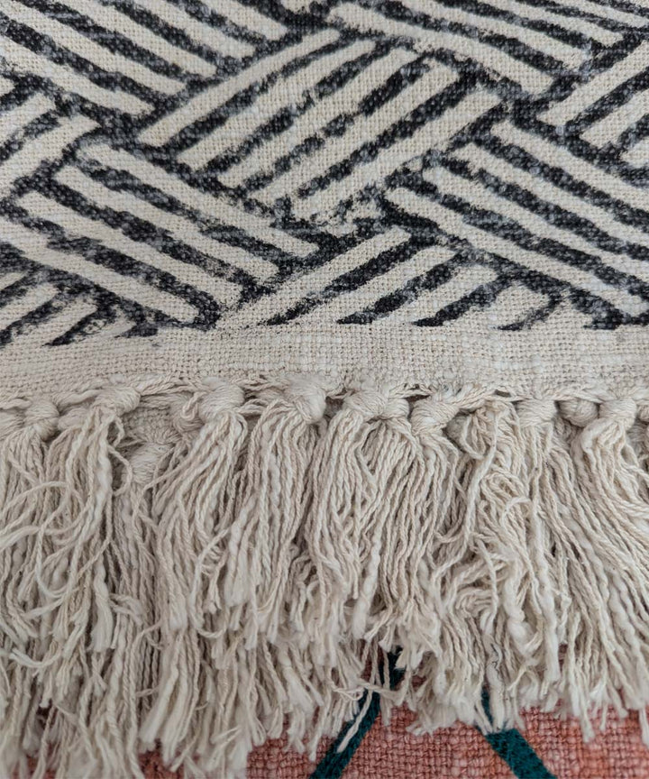 Beige black slub cotton hand block printed throw