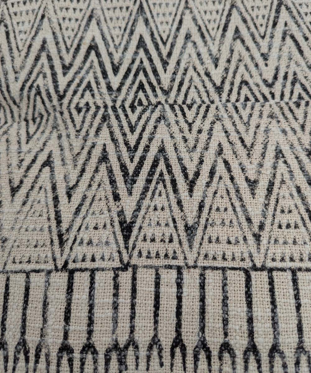 Beige black slub cotton hand block printed throw